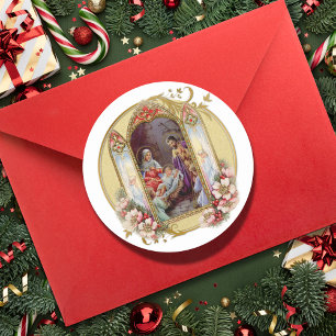 Sticker Rond Vintage Jesus Mary Joseph Nativité Fête Florale