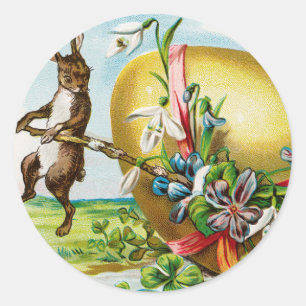 Sticker Rond Vintage Joyeux lapin de Pâques OEufs de Pâques