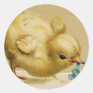 Sticker Rond Vintage Joyeux Poussette de Pâques avec Fleurs Ble