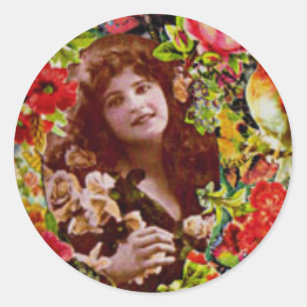 Sticker Rond Vintage Lady Cameo en Rose