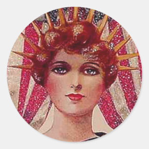 Sticker Rond Vintage Lady Liberty Juillet 4 Art carte postale