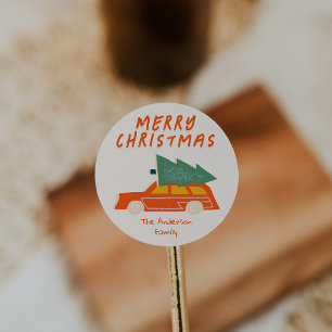 Sticker Rond Vintage main tiré rouge voiture Arbre de Noël Rétr