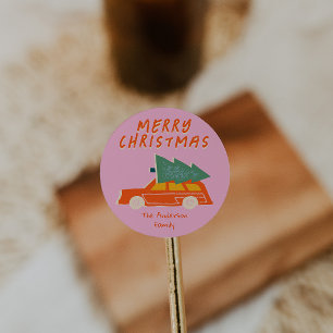Sticker Rond Vintage main tirée rose rouge voiture arbre Noël