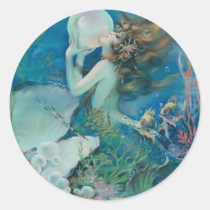 Sticker Rond Vintage Mermaid Holding Pearl