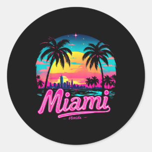 Sticker Rond Vintage Miami Beach - Retro 305 Floride Sunset Gra