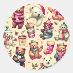 Sticker Rond Vintage mignon hiver Teddy Bear Motif