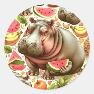 Sticker Rond Vintage Motif d'hippopotame tropical