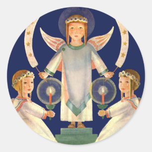 Sticker Rond Vintage Noël, anges scandinaves de Santa Lucia