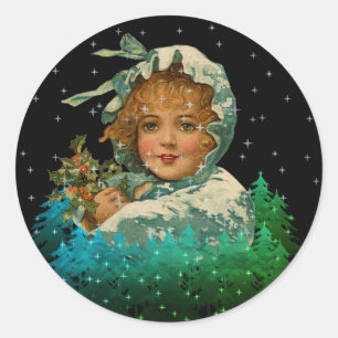 Sticker Rond Vintage Noël Cloaked Girl Night Stars Arbres