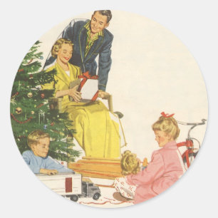 Sticker Rond Vintage Noël matin, présentation d'ouverture famil