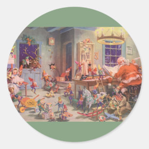 Sticker Rond Vintage Noël, Santa Claus avec Elves Atelier