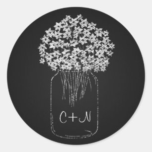 Sticker Rond Vintage noir Chalkboard Mason Fleurs Jar Mariage