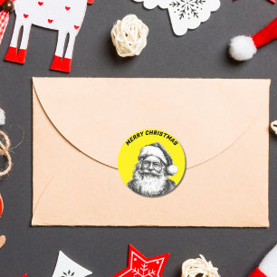 Sticker Rond Vintage noir et blanc Père Noël jaune