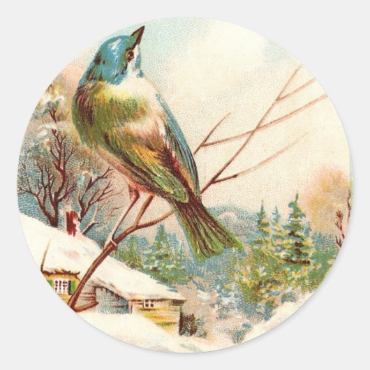 Sticker Rond Vintage oiseau bleu hiver (Devant)