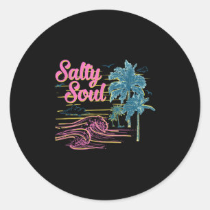 Sticker Rond Vintage Palm Tree Beach Vibes Retro Salé Été S