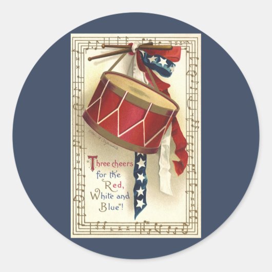 Sticker Rond Vintage Patriotique, Tambours avec notes musicales (Devant)