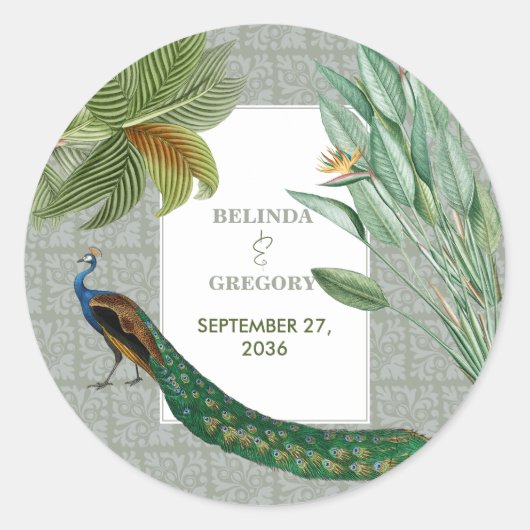 Sticker Rond Vintage Peacock Feather Tropical Greenery Mariage (Devant)