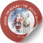 Sticker Rond Vintage Père Noël Reindeer Personnalisé<br><div class="desc">Cet ornement sur le thème de Noël présente Père Noël vintage avec rennes et texte personnalisable est un ornement parfait pour n'importe quel arbre de Noël. Vous pouvez facilement changer votre nom de famille et l'année pour faire de cet ornement unique votre.</div>