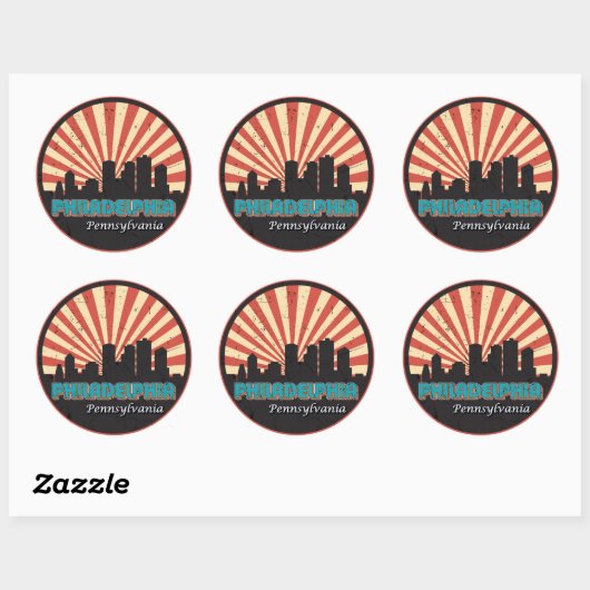 Sticker Rond Vintage Philadelphie Pennsylvanie Skyline Retro (Feuille)