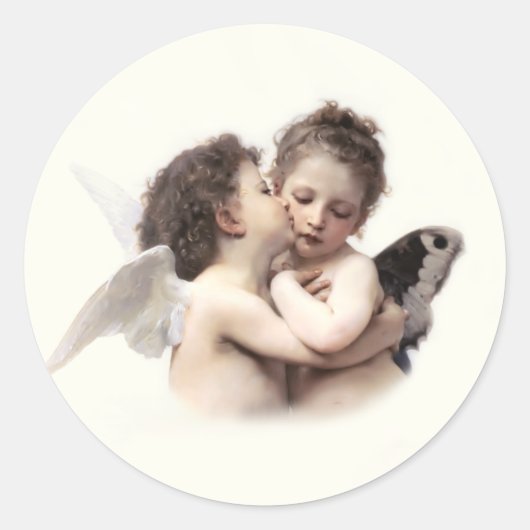 Sticker Rond Vintage Premier baiser Romantique Amour Anges (Devant)