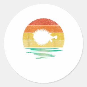 Sticker Rond Vintage Puffer Sea Fish Retro Sunset Puffer