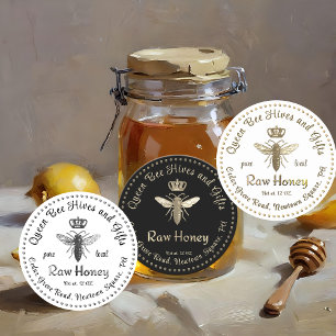 Sticker Rond Vintage Queen Bee Honey Gold Crown Script Blanc