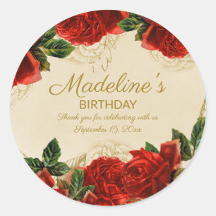 Sticker Rond Vintage Red Roses Green Feuilles fête d'anniversai