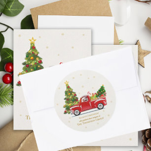 Sticker Rond Vintage Red Truck Christmas Tree Business Holiday