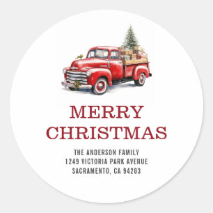 Sticker Rond Vintage Red Truck Christmas Tree Family