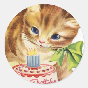 Sticker Rond Vintage Retro Cat Kitten Anniversaire Gâteau Salut