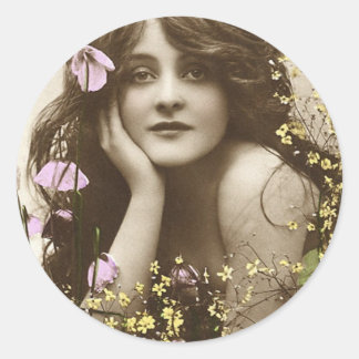 Sticker Rond Vintage Retro Femmes Fleur Victorienne