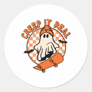 Sticker Rond Vintage Retro Halloween Creep It Real Ghost Boy Fa