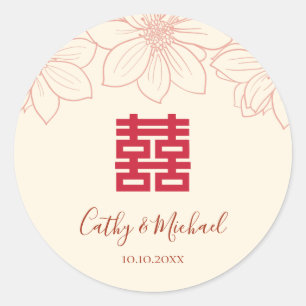 Sticker Rond Vintage rouge et beige floral mariage chinois