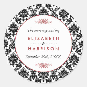 Sticker Rond Vintage Rouge, noir & blanc Mariage damassé Favori