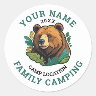 Sticker Rond Vintage Rustic Bear Famille Camping