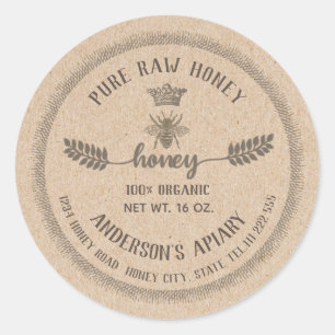 Sticker Rond Vintage rustique Kraft couronne de miel pot de mie