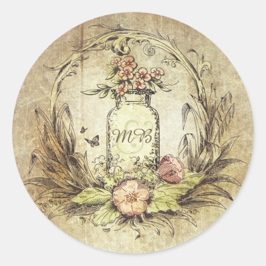 Sticker Rond Vintage rustique Mason Jar Mariage (Devant)