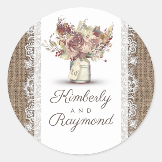 Sticker Rond Vintage rustique Mason Jar | Mariage Burlap (Devant)