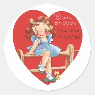 Sticker Rond Vintage Saint Valentin, Fille sur une clôture