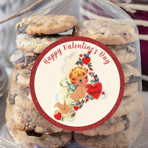 Sticker Rond Vintage Saint Valentin Retro Cupid Rouge Cupid Cus