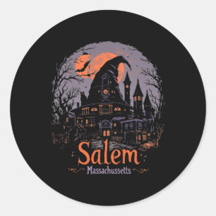 Sticker Rond Vintage Salem Machusetts Halloween Skyline Citysca