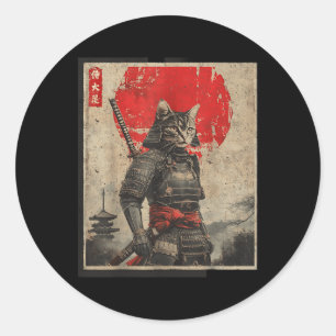 Sticker Rond Vintage Samurai Chat Japonais Tee - shirts graphiq