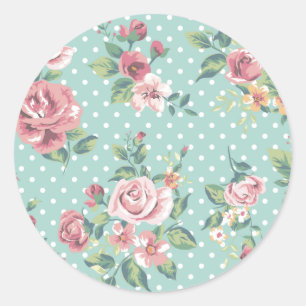 Sticker Rond Vintage shabby chic floral turquoise rose girly