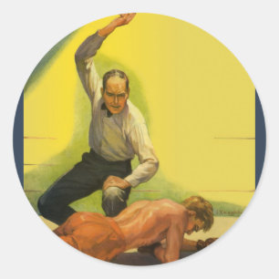 Sticker Rond Vintage Sports Boxing, Arbitre avec Boxer Knockout