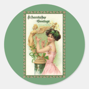 Sticker Rond Vintage St. Patrick's Day Lady Music Musician Harp