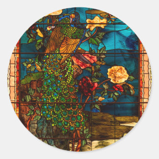 Sticker Rond Vintage Stained Glass with Peacocks and Flowers