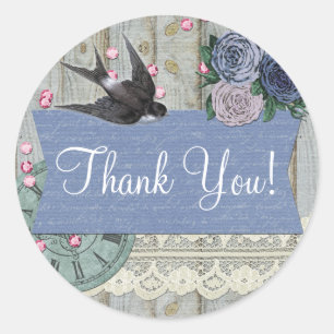 Sticker Rond Vintage Swallow Bird Cobalt Blue Shabby Merci
