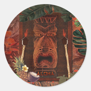 Sticker Rond Vintage Tiki Aloha Hawaii Luau