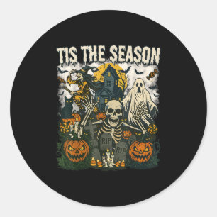 Sticker Rond Vintage Tis Saison Halloween Skeleton Ghost Vi