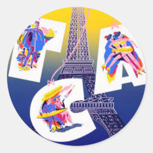 Sticker Rond Vintage Tour Eiffel Paris Air Travel Publicité